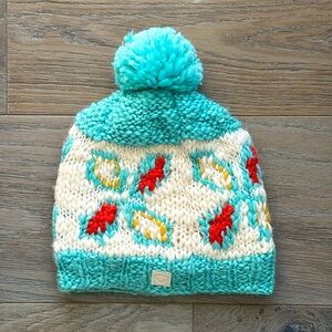 ROXY Turquoise/White/Multi Snowflake WoolBlend Cable Knit PomPom FleeceLined Hat